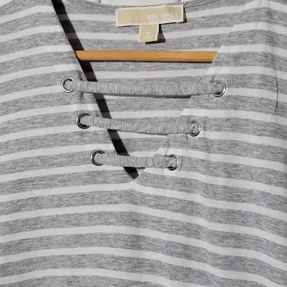 MICHAEL MICHAEL KORS Gray Striped Lace Up Top Short Sleeve Lightweight - Picture 3 of 5